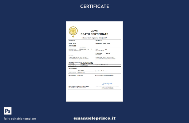 certificato di morte giapponese in stile verificato modello Word e PDF